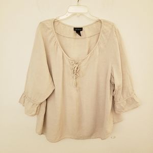 Lane Bryant Tan Linen Blend Boho Top with Lace Up Neckline Size 26/28 EUC